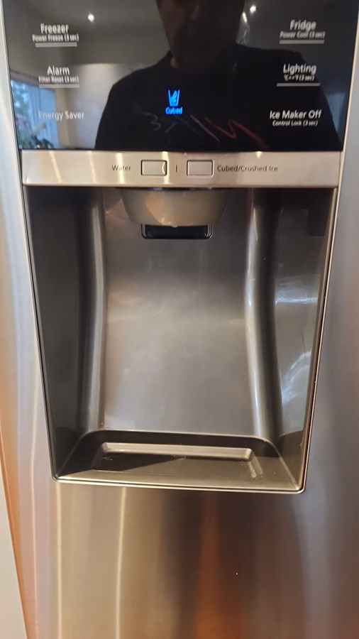 Close-up of Samsung refrigerator dispenser panel showing the paddle missing from the dispenser cavity.